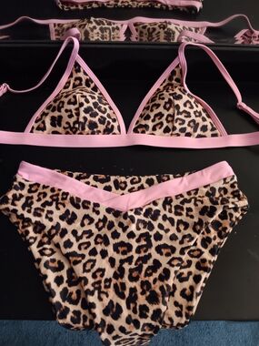 Leopard Print Bikini Set with Pink Trim